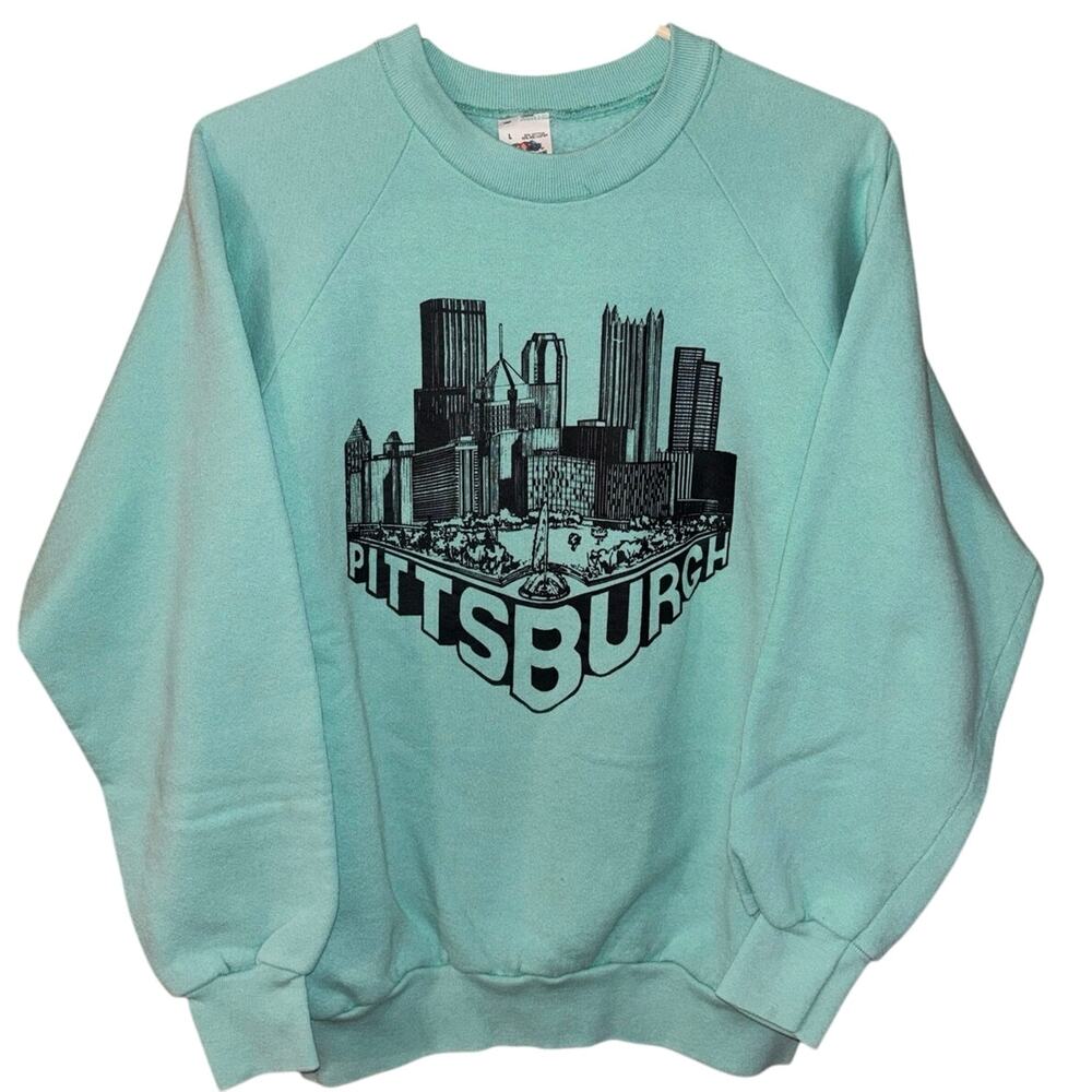 Vintage Fruit of the Loom teal Pittsburgh city skyline crewneck sweatshirt large